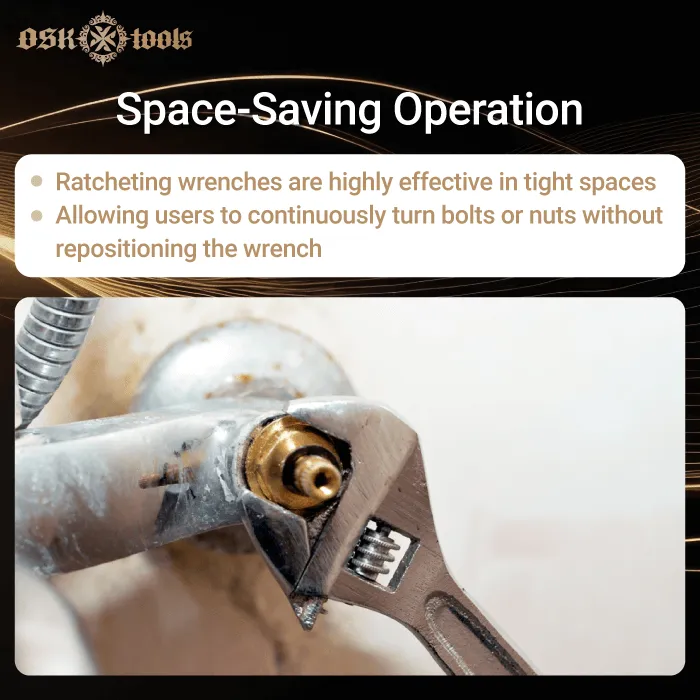 space-saving operation-ratcheting wrench useful in devices